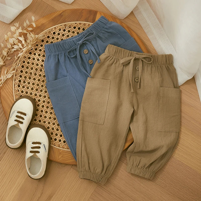 Cotton Linen Casual Baby Pants Toddler Boys Girls Casual Bottom Summer Autumn Solid Drawstring Button Children Pockets Trousers