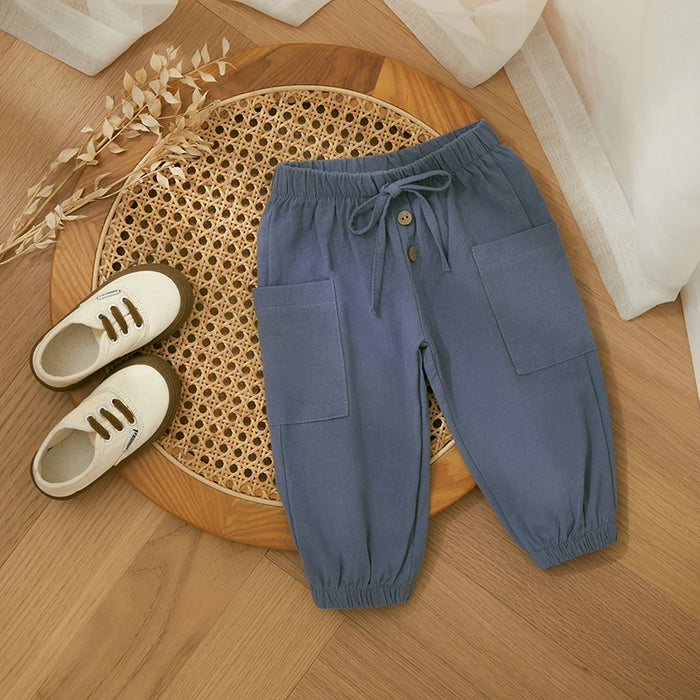 Cotton Linen Casual Baby Pants Toddler Boys Girls Casual Bottom Summer Autumn Solid Drawstring Button Children Pockets Trousers