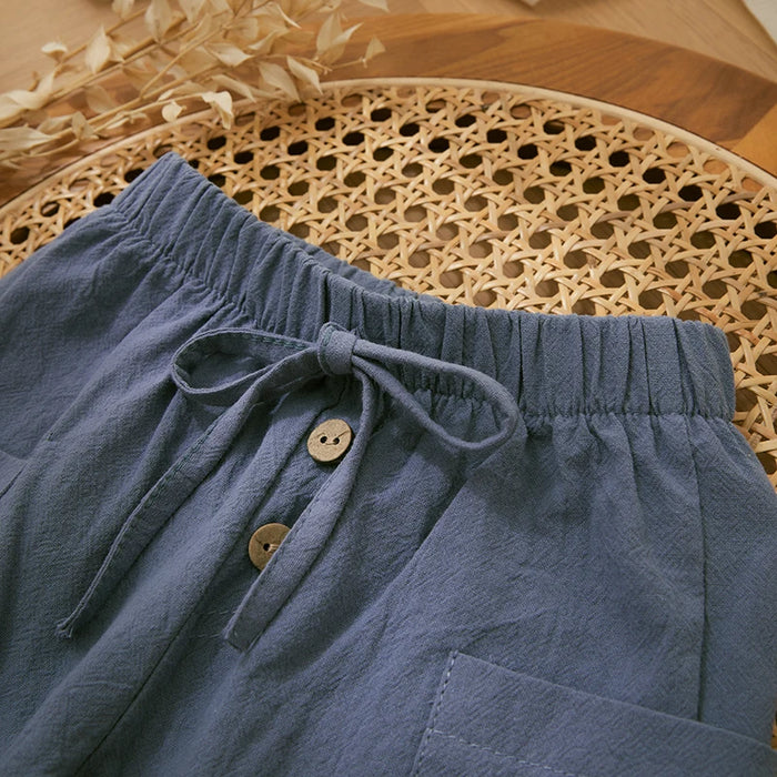 Cotton Linen Casual Baby Pants Toddler Boys Girls Casual Bottom Summer Autumn Solid Drawstring Button Children Pockets Trousers