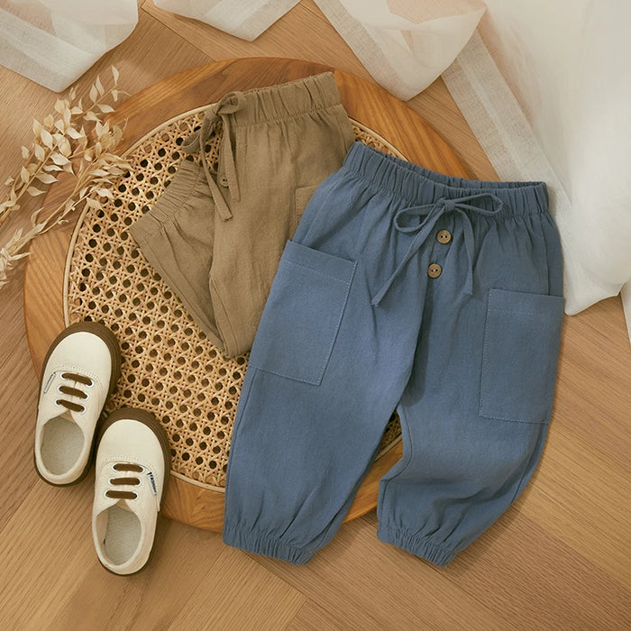 Cotton Linen Casual Baby Pants Toddler Boys Girls Casual Bottom Summer Autumn Solid Drawstring Button Children Pockets Trousers