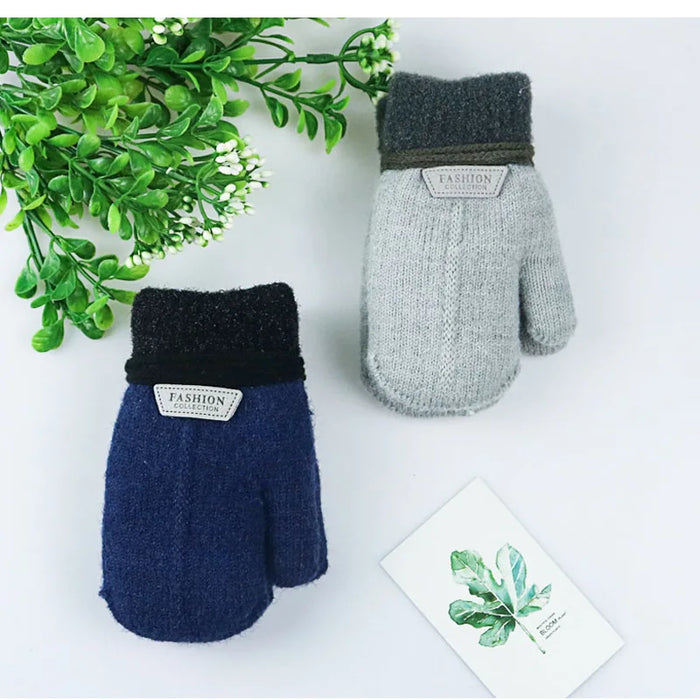Children's Gloves Winter Solid Thicken Plus Velvet Halter Gloves For Kids Toddler Outdoor Keep Warm Knitted Mittens With Rope