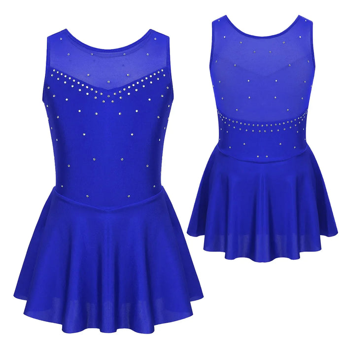Figure Skating Dress for Kids Girls Performance Costumes Rhinestone Mesh Splice Ballet Dance Dresses Gymnastics Leotards