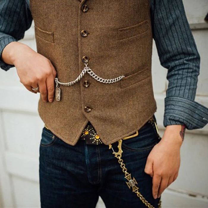 Men's Suit Vest Brown Wedding Wool Tweed Business Waistcoat Jacket Casual Slim Fit Gilet Homme Vests For Groosmen Man Wedding