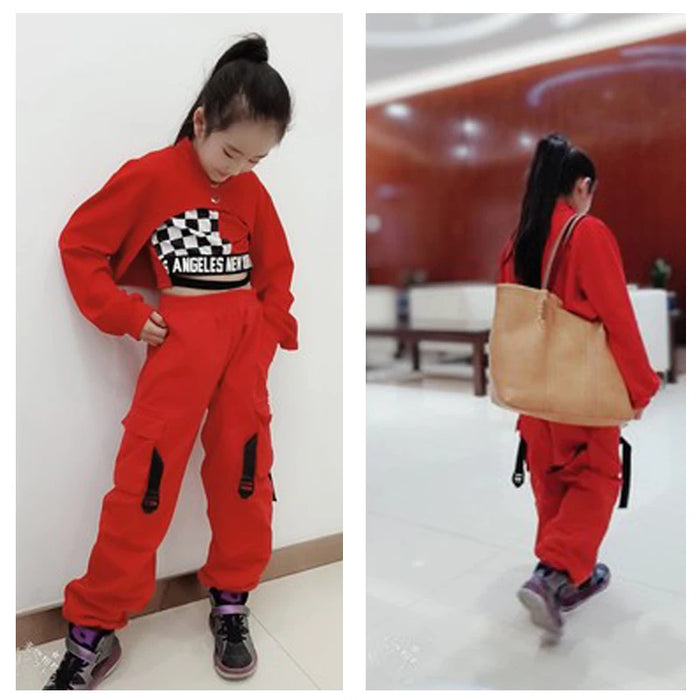 Girls Street Dance Wear Clothes Jazz Dancing Costumes Winter Long Sleeve Red Tops Pants Vest Stage Perform Drum Hip Hop Clothing