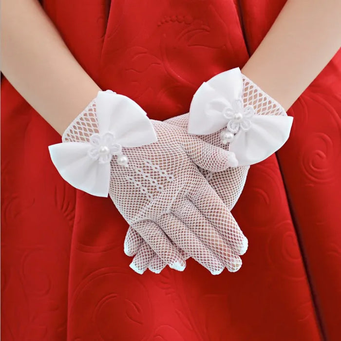 Fashion Princess Wedding Gloves for Girls Mesh Evening Children's Holiday Accessories with a Birthday Bow Performance Gloves for