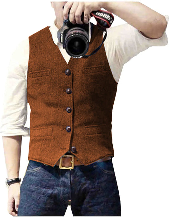 Men's Casual Classic Suit Vest V Neck Herringbone Tweed Slim Fit Business Waistcoat For Wedding