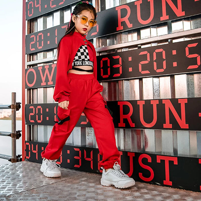 Girls Street Dance Wear Clothes Jazz Dancing Costumes Winter Long Sleeve Red Tops Pants Vest Stage Perform Drum Hip Hop Clothing