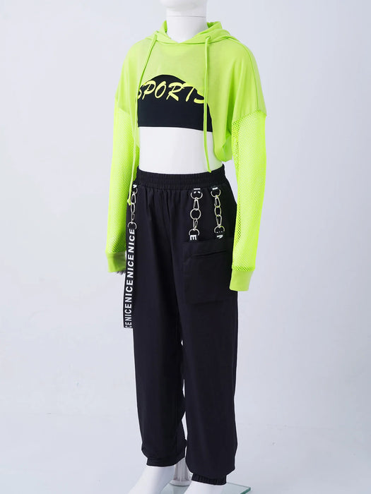 Girls Hip Hop Dance Sports Sets Kids Hooded Net Cover Up Crop Tops Vest And Pants Suit Fashion Jazz Modern Street Dance Costumes