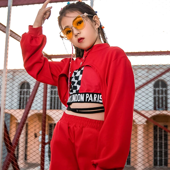 Girls Street Dance Wear Clothes Jazz Dancing Costumes Winter Long Sleeve Red Tops Pants Vest Stage Perform Drum Hip Hop Clothing