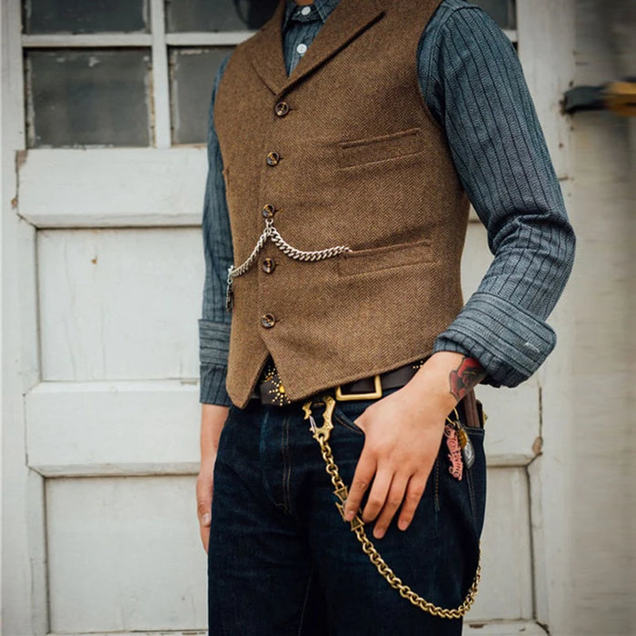 Men's Suit Vest Brown Wedding Wool Tweed Business Waistcoat Jacket Casual Slim Fit Gilet Homme Vests For Groosmen Man Wedding