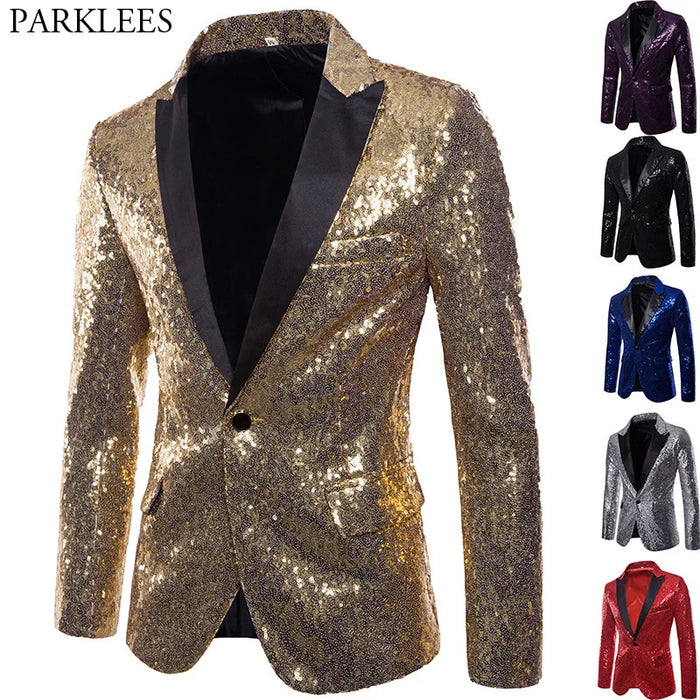 Shiny Gold Sequin Glitter Embellished Blazer Jacket Men Nightclub Prom Suit Blazer Men Costume Homme Stage Clothes For singers