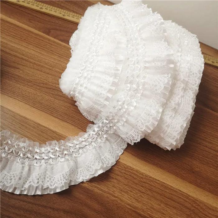 7CM Wide White 3D Lace Applique Embroidery Collar Ribbon Elastic Ruffle Trim Dress Skirts Headwear Sewing DIY Guipure Supplies