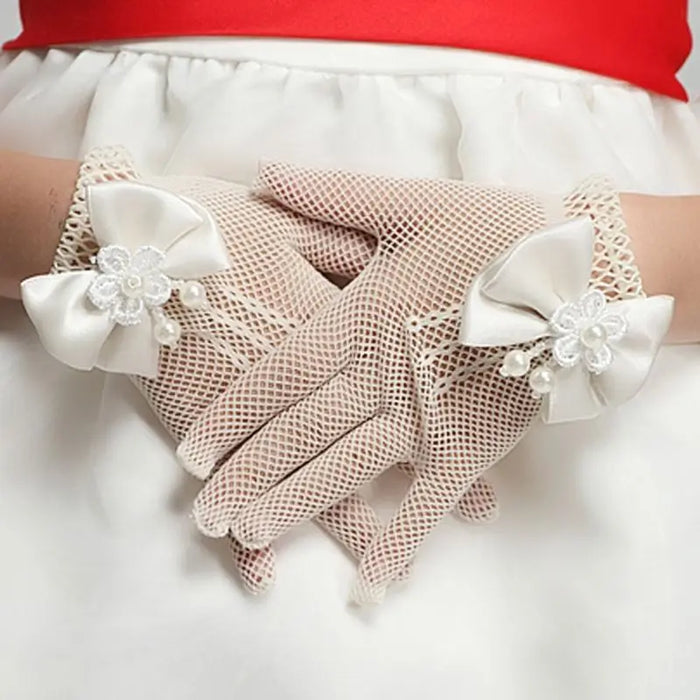 Fashion Princess Wedding Gloves for Girls Mesh Evening Children's Holiday Accessories with a Birthday Bow Performance Gloves for