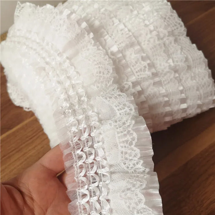 7CM Wide White 3D Lace Applique Embroidery Collar Ribbon Elastic Ruffle Trim Dress Skirts Headwear Sewing DIY Guipure Supplies