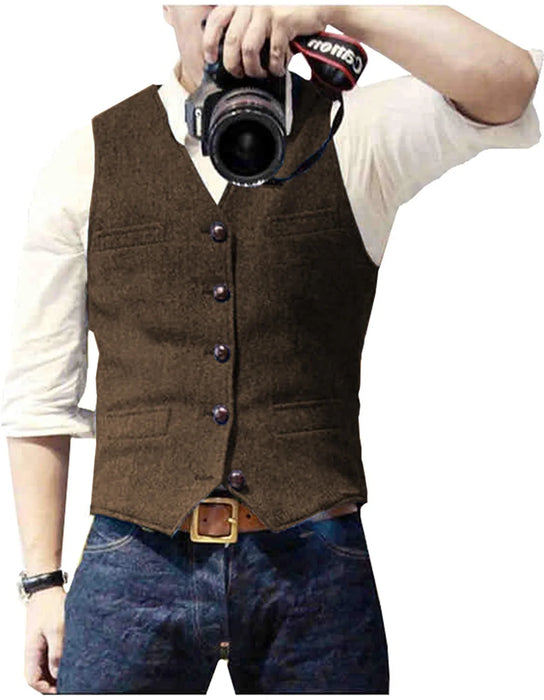 Men's Casual Classic Suit Vest V Neck Herringbone Tweed Slim Fit Business Waistcoat For Wedding