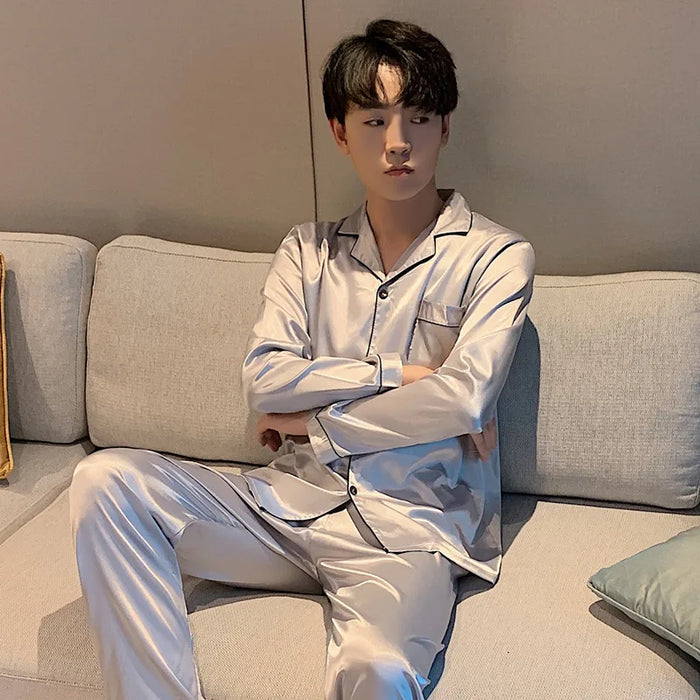 Solid Color Sleepwear Silk Satin Pajamas Couple Set Long Button-Down Pyjamas Suit Pijama Women Men Loungewear Plus Size Pj Set