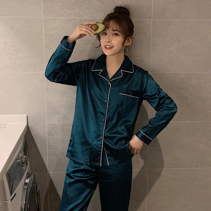 Solid Color Sleepwear Silk Satin Pajamas Couple Set Long Button-Down Pyjamas Suit Pijama Women Men Loungewear Plus Size Pj Set