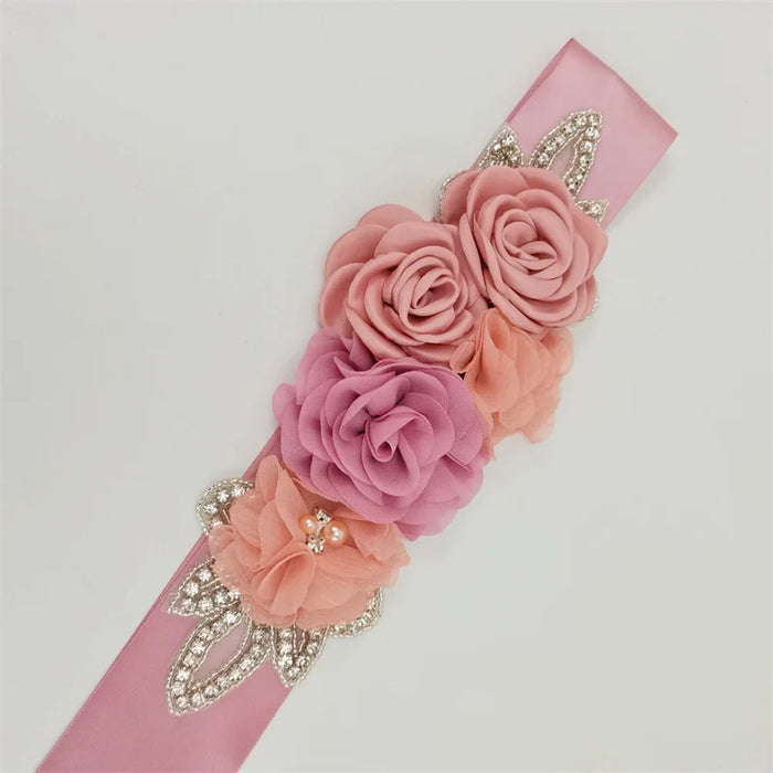 Wedding Accessories Bridal Wedding Belts Satin Flower Rhinestone Dress Belt Sash Woman Girl Pink Red Blue Ribbon Girdle
