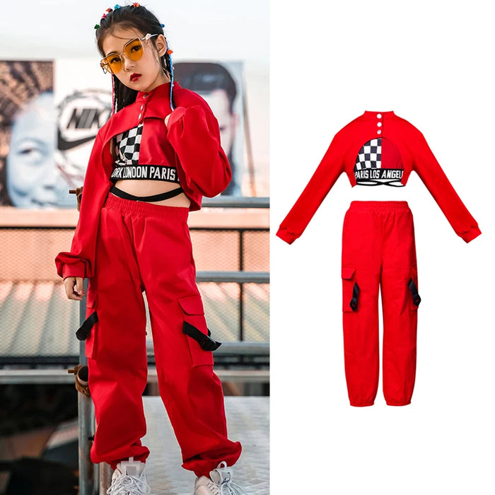 Girls Street Dance Wear Clothes Jazz Dancing Costumes Winter Long Sleeve Red Tops Pants Vest Stage Perform Drum Hip Hop Clothing