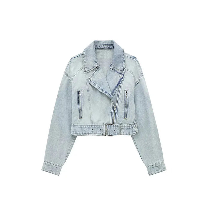 Nlzgmsj TRAF Women's Fashion Denim Biker Jacket Women Vintage Lapel Long Sleeve Zipper Belt Female Chic Coat
