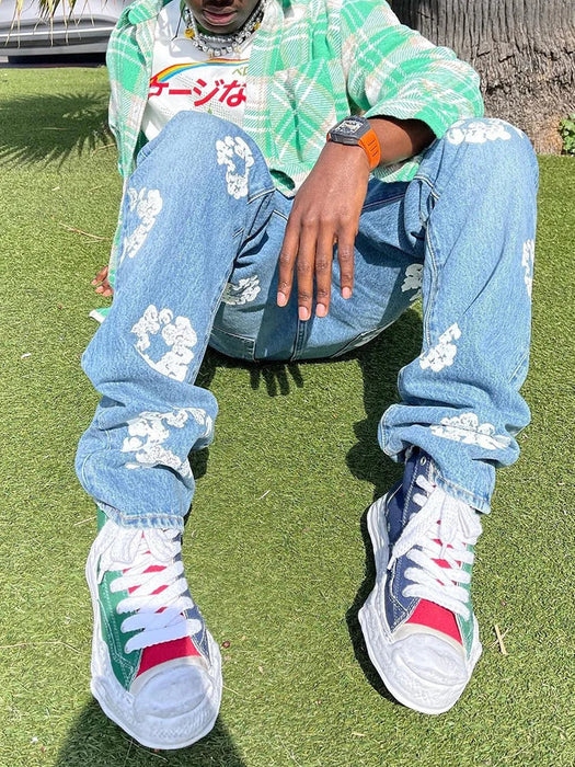 New Arrival Loose Straight Comfy Cotton Denim Pants Trousers Y2K Clothes Streetwear Casual Fashion Flowers Printed Jeans For Men
