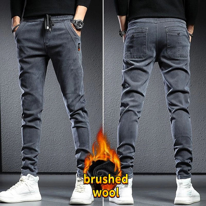 Autumn Winter Baggy Jeans Man Brushed Thicken Wool Plush Cowboy Black Korean Designer Clothing Cargos Drawstring Slim Trousers