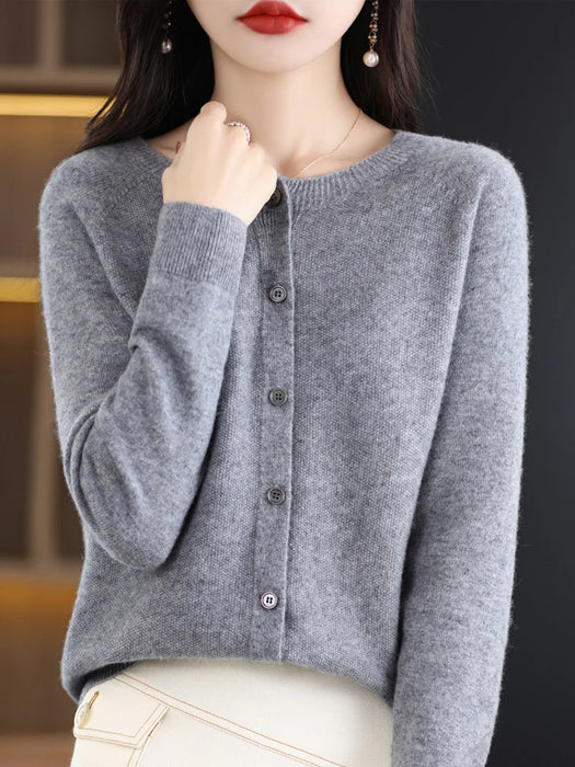 New Fashion Spring 100% Pure Merino Wool Womens O-neck Cardigan Cashmere Sweater 2024 Female Clothing Grace Knitwear Korean Tops