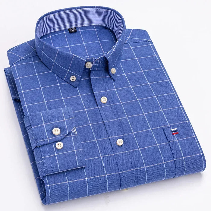 2023 Oxford Men Fashion 100% Cotton Thin Long Sleeve Casual Slim Solid Color Plaid Print Stripe Formal Dress Shirt Plus 7XL 6XL