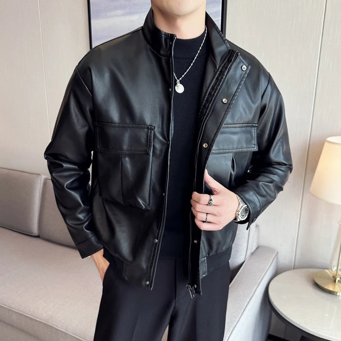 Autumn Winter Men's Leather Jacket 3D Pocket Solid Motocycle Bomber Coat Highstreet