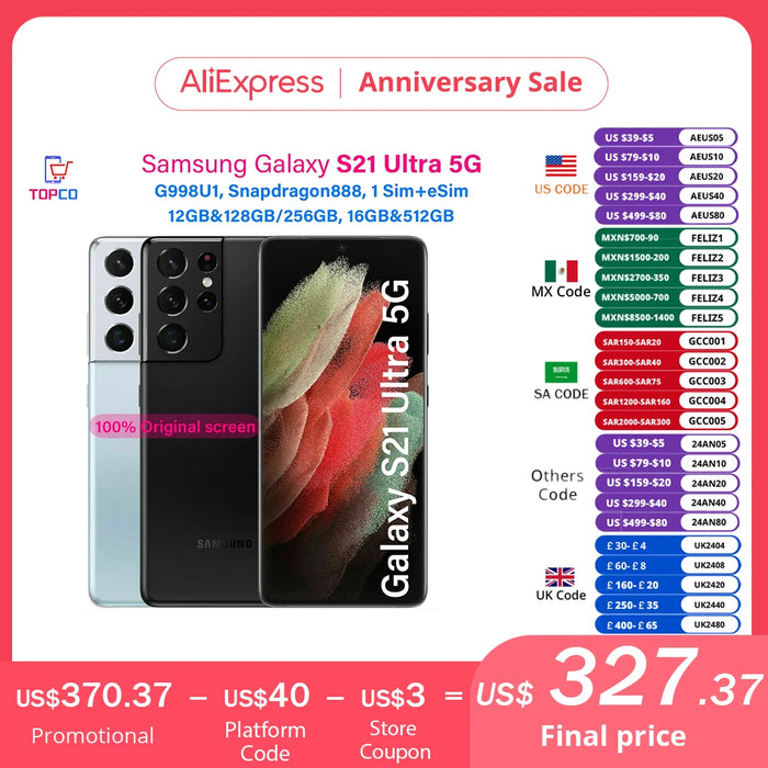 Samsung Galaxy S21 Ultra 5G G998U1 128G/256G/512GB Unlocked Cell Phone Snapdragon 888 6.8" Octa Core 108MP&40MP 12/16GB RAM eSim