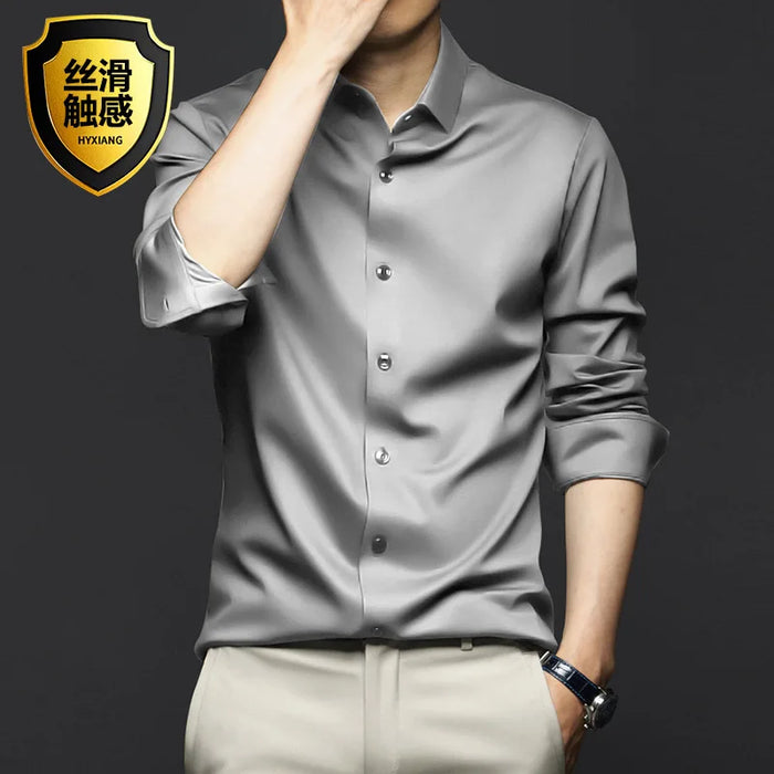 6XL Spring/Summer Formal Men's Fashion long-sleeved shirt Luxury wrinkle-proof non-ironed solid color business casual ice silk
