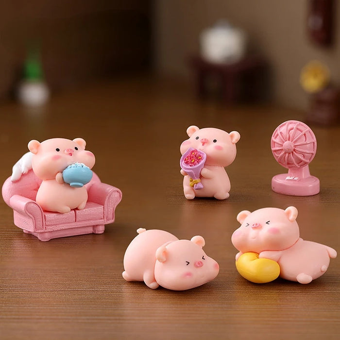 6pcs/set Cute Mini Pig Figurine Animal Doll Toy Model Statue Miniatures Items Fairy Bonsai Home Garden Ornaments Outdoor Decors