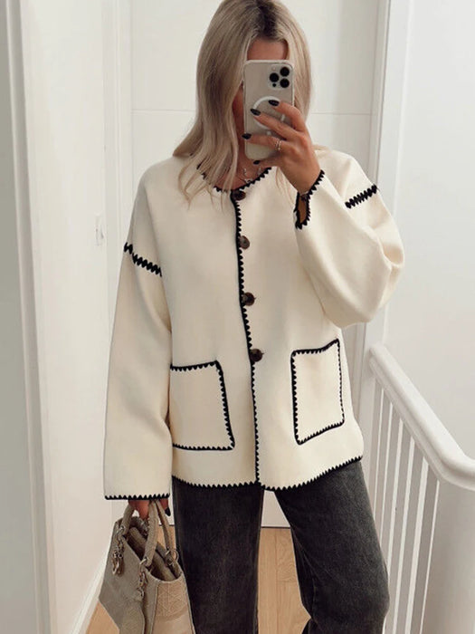 Women Round Neck Patchwork Coat Long Sleeve Single Breasted Pocket Jackets 2023 Autumn Fashion Female Streetwear Outwears