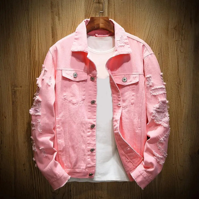 Men Jean Jacket Popular Men Jacket Ripped Hole Daily Wear Male Single Breasted Pockets Jacket