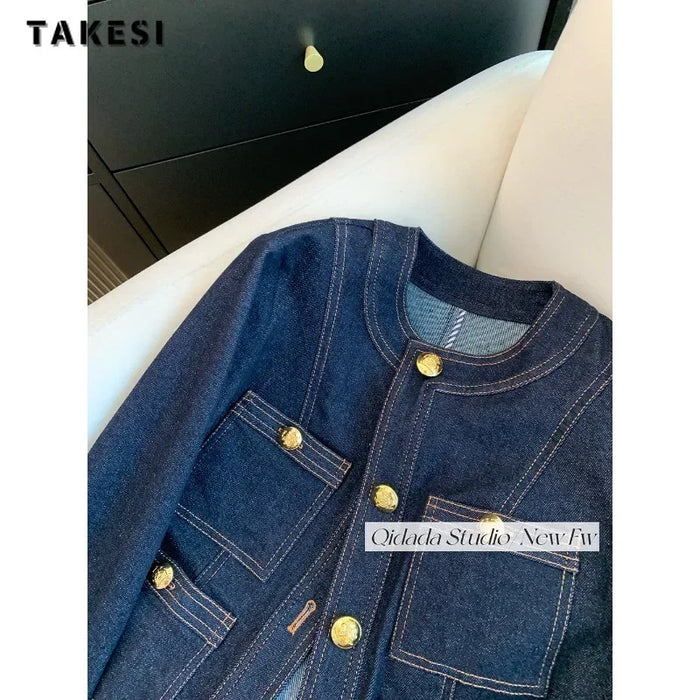 2024 Spring Winter Vintage Style Casual Blue Elegant Denim Jacket Women's Fashion Luxury Style Single Breatsed Loose Jean Coat