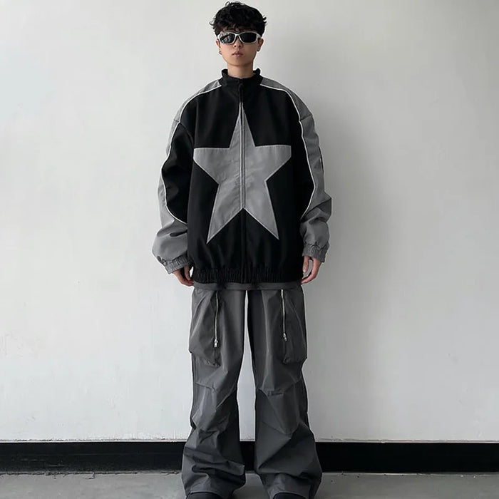Spring Bomber Jacket Men Women Vintage Star Pattern Harajuku Y2k Windbreaker Coat Streetwear Zipper Patchwork Outerwear Unisex