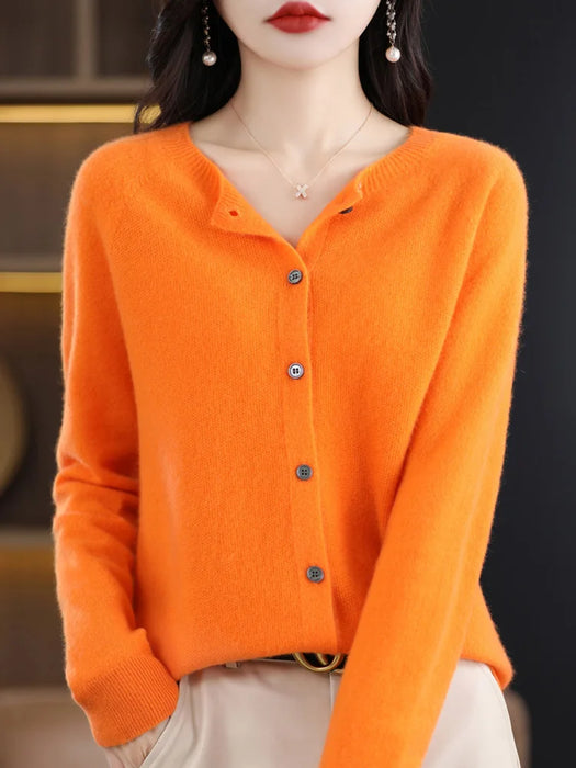 New Fashion Spring 100% Pure Merino Wool Womens O-neck Cardigan Cashmere Sweater 2024 Female Clothing Grace Knitwear Korean Tops
