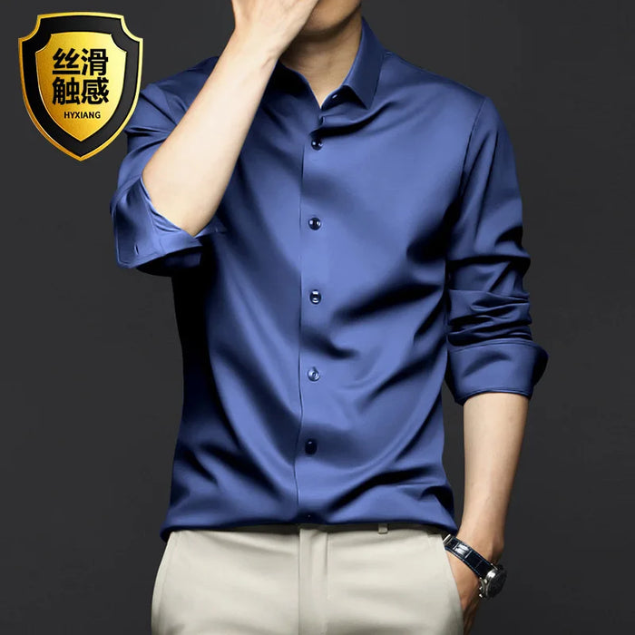 6XL Spring/Summer Formal Men's Fashion long-sleeved shirt Luxury wrinkle-proof non-ironed solid color business casual ice silk