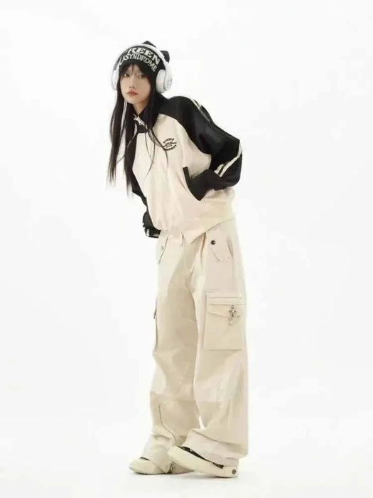 Patchwork Cropped Jacket Women Y2k Zip Up Retro Track Outwear Korean Streetwear Gorpcore Stand Collar Stripe Jackets Female New