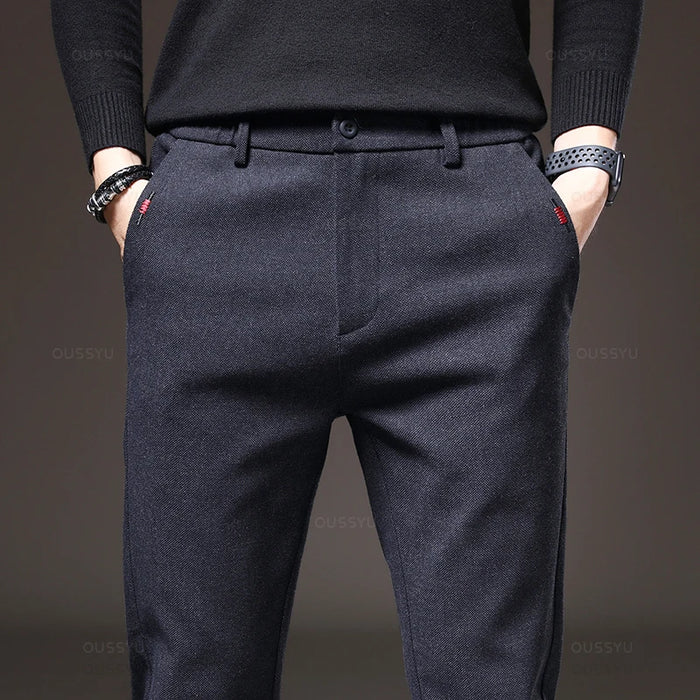 Four Seasons Men's Brushed Fabric Casual Pants Business Fashion Slim Fit Stretch Thick Gray Blue Black Cotton Trousers Male