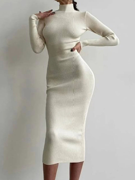 Knitted Turtleneck Dress Women Autumn Winter Long Sleeve Bodycon Midi Dresses Female Elegant Fashion Solid Color Skinny Dress