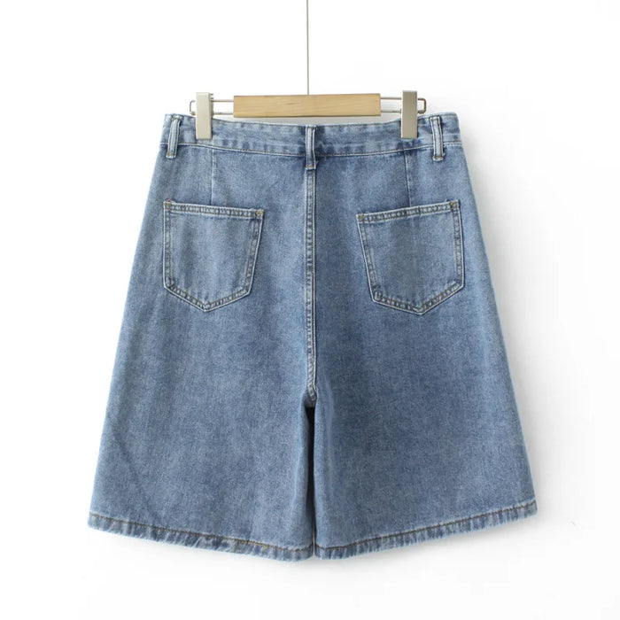 Plus Size Shorts Women 2023 Summer Fashion Double Buckle High Waist Wide Leg Jeans Loose Bottoms Oversized Curve Clothes