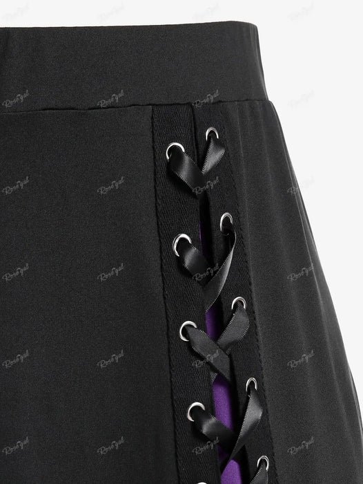 ROSEGAL Plus Size Gothic Lace Up Skirts Black Red Purple Colorblock Elastic Waisted A Line Skirt Cozy Basic Bottoms For Women 4X