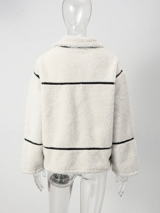 Fashion Patchwork Furry Jacket For Women Gentle Panelled Thick Warm Lambswool Fleece Coat New Fashion Zipper Pocket Lady Outwear