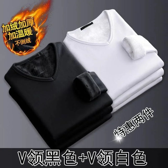 2Pcs Mens Underwear Winter Men's Long-sleeved Thermal Underwear Plus Velvet Padded T-shirt Round Neck Slim Bottoming Shirt