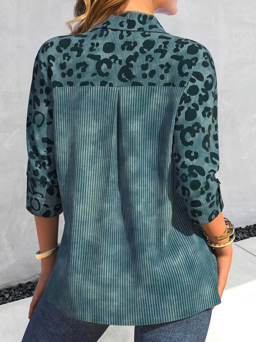 Plus Size Casual Blouse, Women's Plus Colorblock Leopard Print Ribbed Long Sleeve Button Up Lapel Collar Shirt