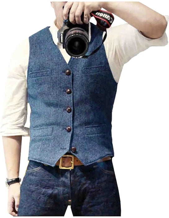 Men's Casual Classic Suit Vest V Neck Herringbone Tweed Slim Fit Business Waistcoat For Wedding