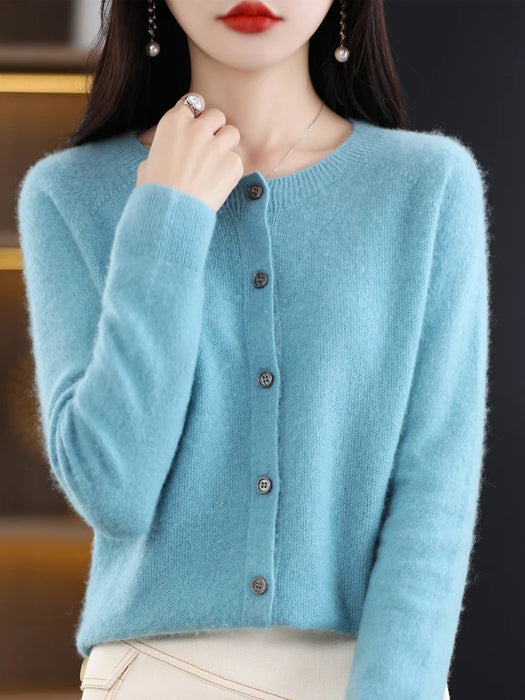 New Fashion Spring 100% Pure Merino Wool Womens O-neck Cardigan Cashmere Sweater 2024 Female Clothing Grace Knitwear Korean Tops