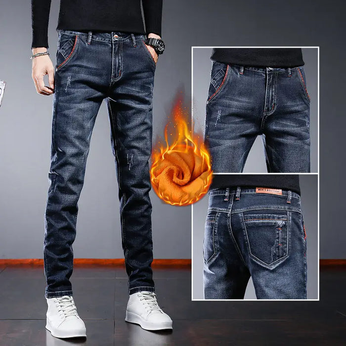 Winter Men's Pants Brushed Denim Slim Jeans Streetwear Skinny Ripped Velvet Boots Cut Korean Fashion Streetwear 90s Trousers Man