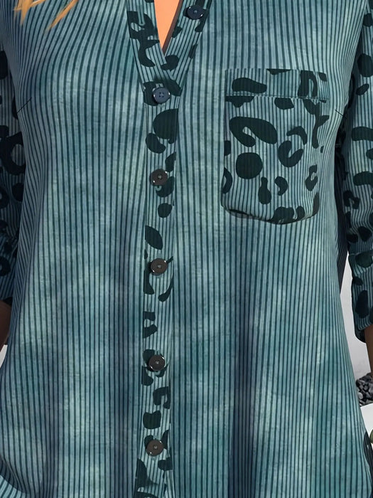 Plus Size Casual Blouse, Women's Plus Colorblock Leopard Print Ribbed Long Sleeve Button Up Lapel Collar Shirt